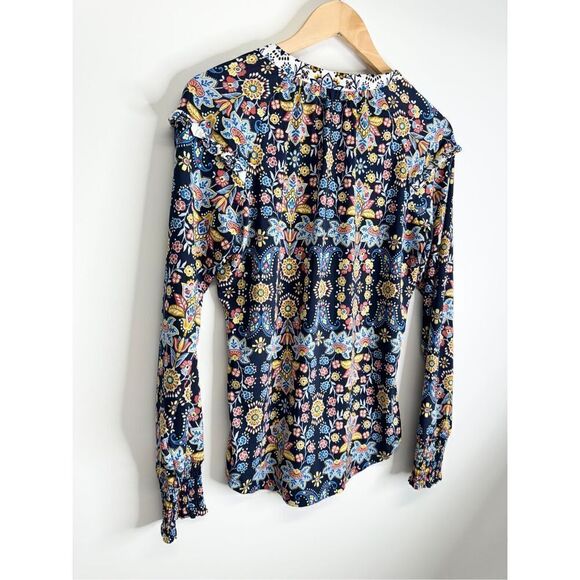 Belldini Womens Size Small Blue Floral Ruffled Long Sleeve Split Neck Blouse NWT - Picture 8 of 12